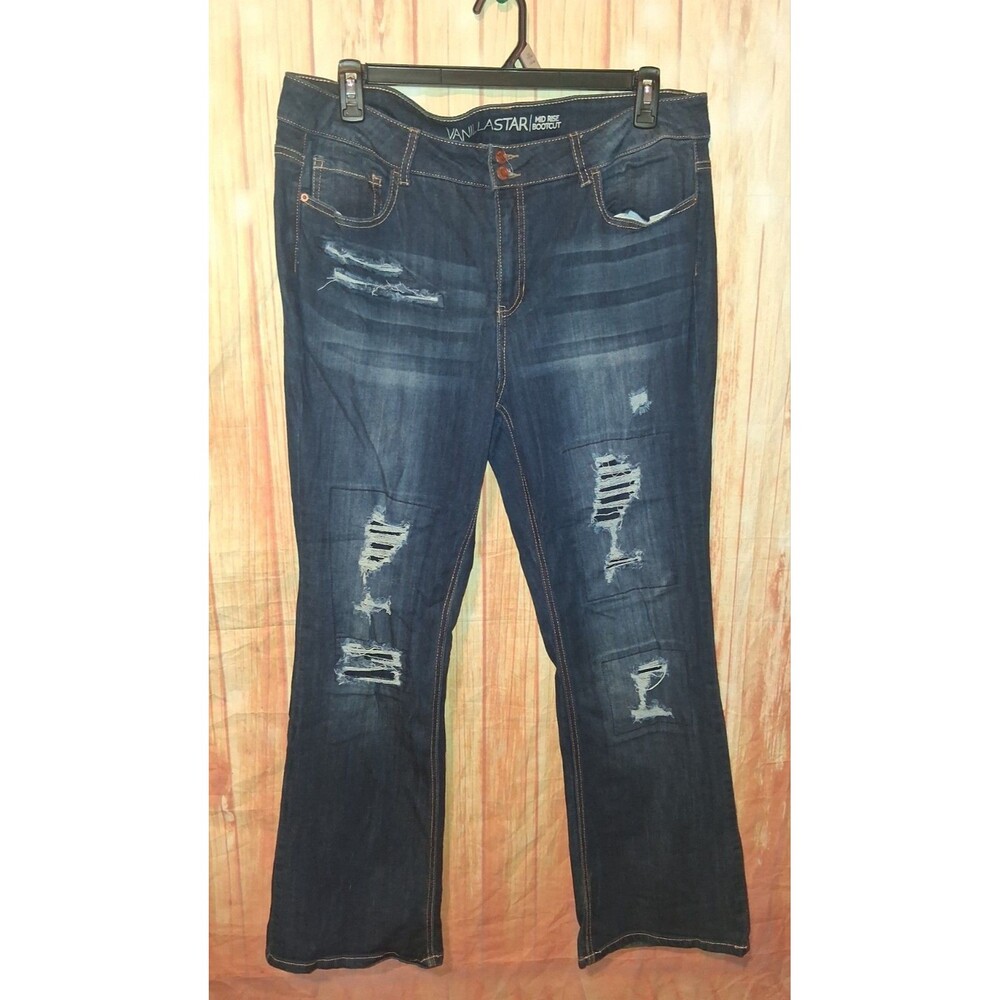 Vanilla Star Dark Denim Mid-rise Bootcut Jeans Distressed Sz 18